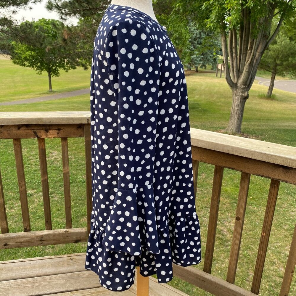 Navy Blue Polka Dots Mini Dress Tunic Top Women Size M  Bell Long Sleeve Cut Out - Picture 11 of 15